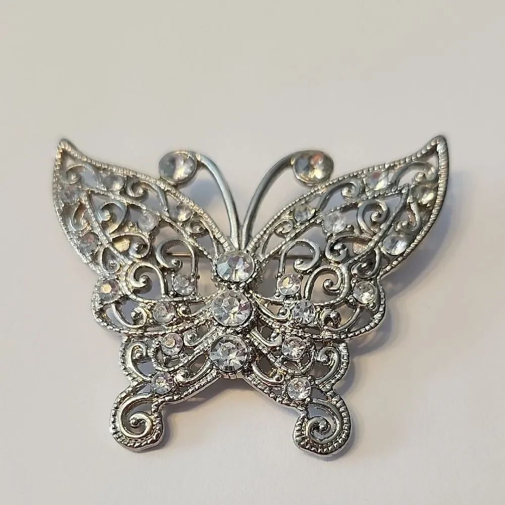 Silver Butterfly Brooch with Rhinestones